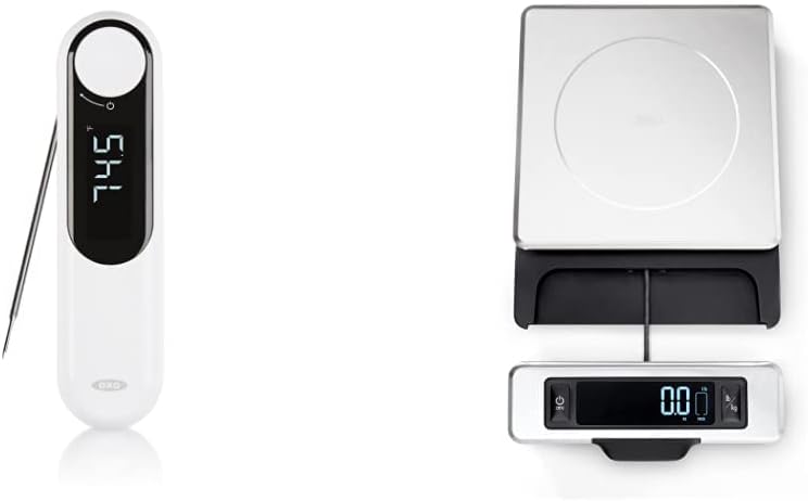 OXO Termómetro termopar Good Grips y balanza de alimentos de acero inoxidable de 11 libras con pantalla extraíble