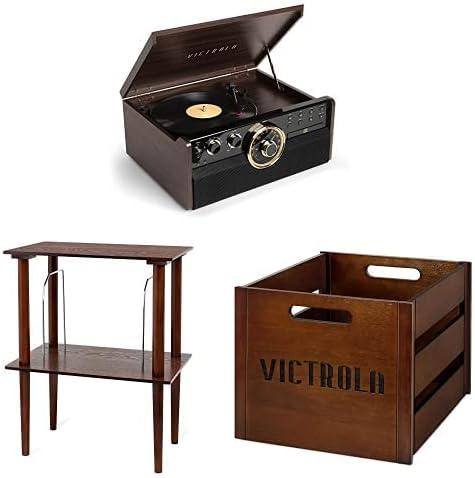 Victrola Empire Mid-Century – Tocadiscos 6 en 1 (espresso) con soporte de madera Victrola para centros de música de madera con estante para discos,