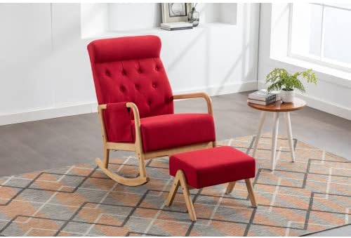 Mecedora con otomana, sillón mecedor de tela tapizada de mediados de siglo con cojín acolchado grueso, respaldo alto, silla mecedora con bolsillo