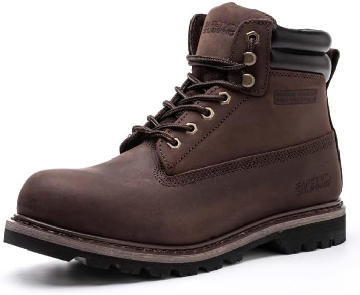 SAFETY LOONG Botas de trabajo con punta de acero para hombre, impermeables, de cuero real, antideslizantes