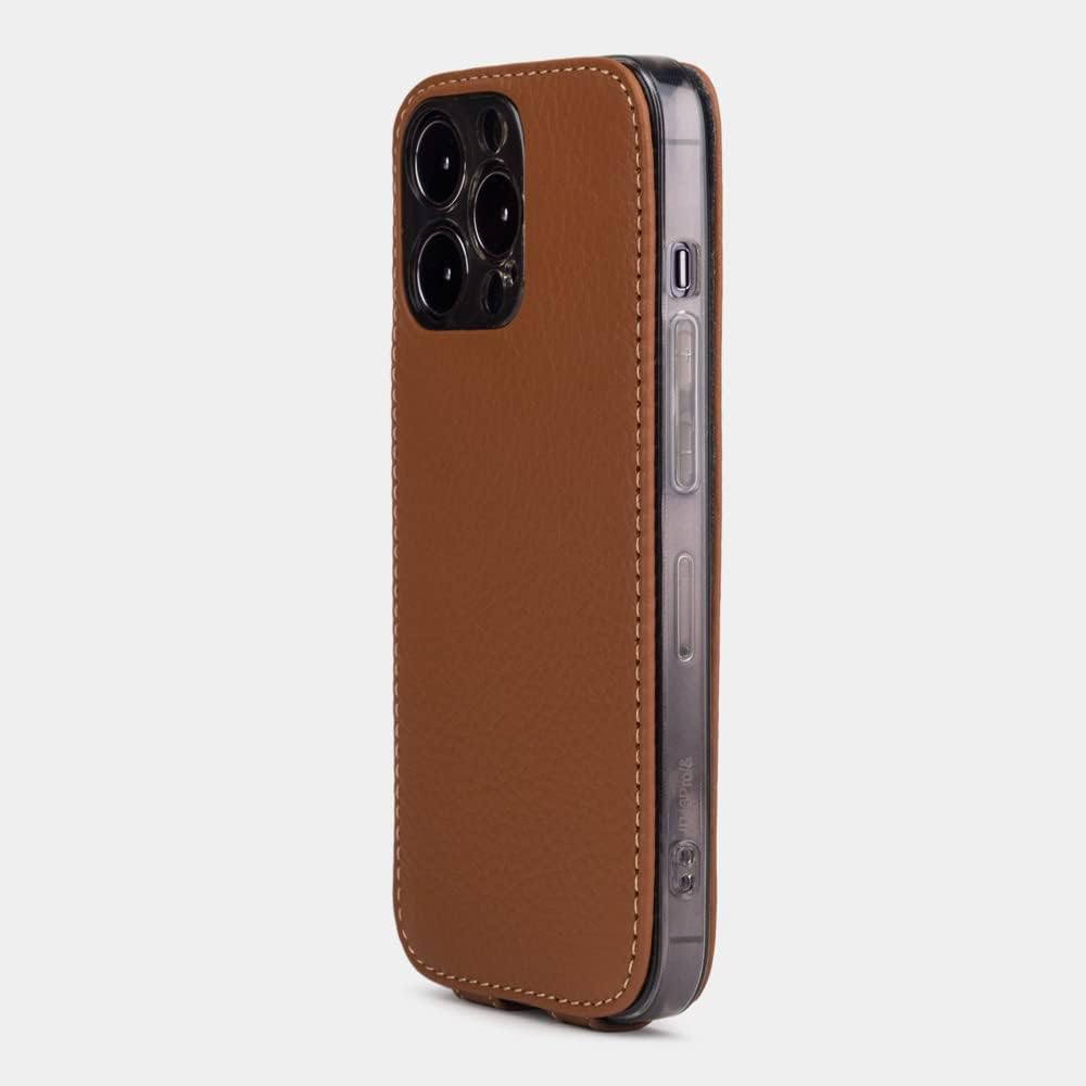 Marcel Robert – Funda con tapa de piel auténtica para iPhone 14 Pro – Modelo patentado – Fabricado en Francia – Caramelo