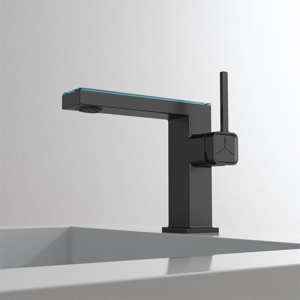 Weirun Grifo de montaje en cubierta cuadrada con un solo agujero para lavabo, para baño, con pantalla digital, temperatura LED, color negro mate