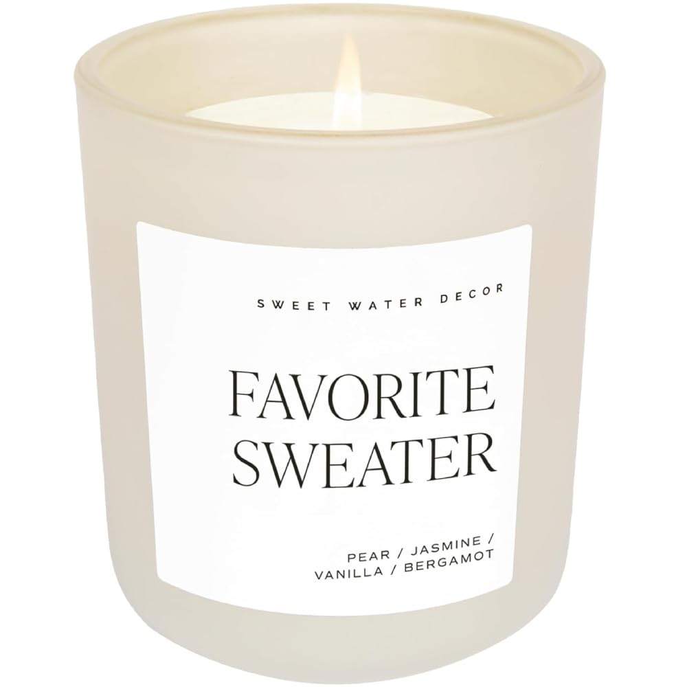 Sweet Water Decor Sweater Winter Christmas Holiday Candle  Milky Coconut, Jasmine, and Soft Cashmere Scented Candle for Home  15oz Clear Jar, 70+