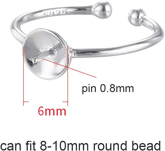 Base de anillo ajustable de plata de ley 925 en blanco para anillos redondos de perlas de 0.315 a 0.394 pulgadas, accesorios con asiento de perlas