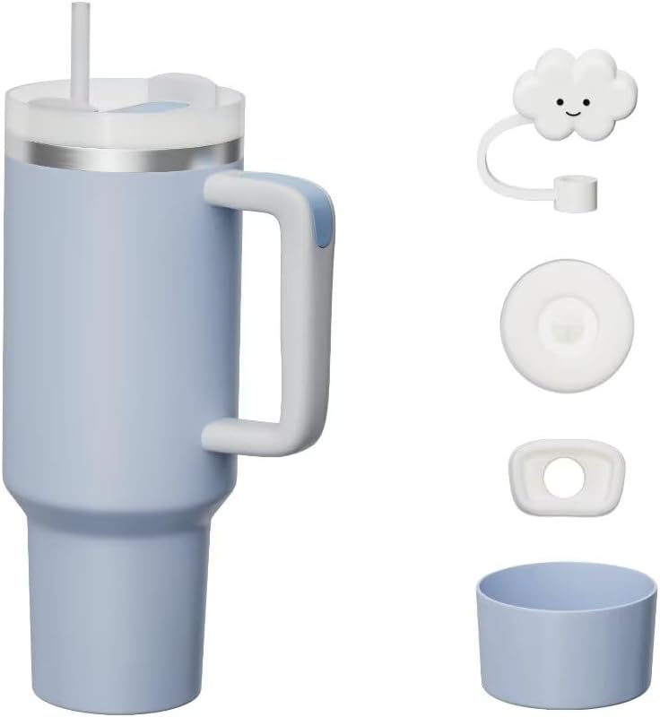 Vaso de 40 onzas con asa y tapa de pajilla, tapa de silicona a prueba de fugas, tapa de pajita, taza de café de viaje, botella de agua de acero