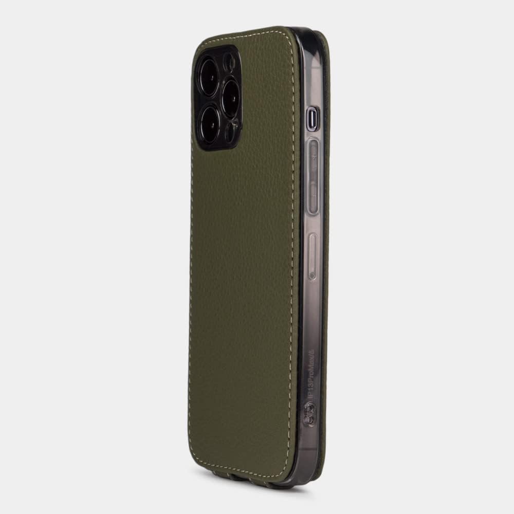 Funda de piel protectora para iPhone 14 Pro Max – Modelo patentado – Ultra fina – Fabricada en Francia con piel natural – Verde