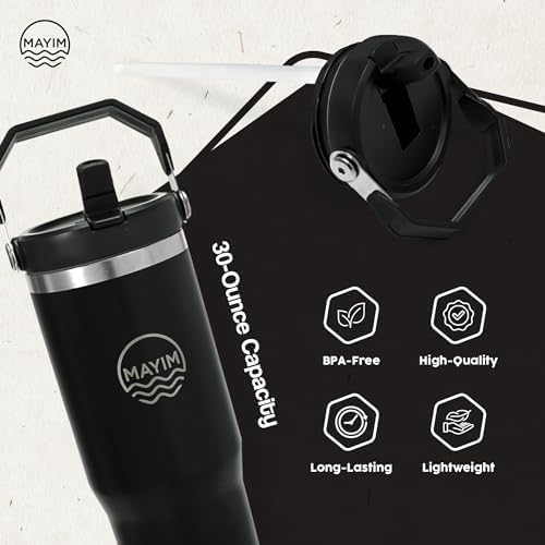 MAYIM Adventure Flow – Vaso de acero inoxidable de 30 onzas a prueba de fugas con tapa y popote, botella de agua aislada o termo con tapa y asa a