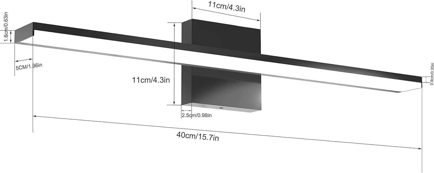 GERAMEXI Luz LED de tocador de 16 pulgadas, moderna luz LED de tocador de baño, color negro mate, 12 W, luces LED modernas de tocador de baño,