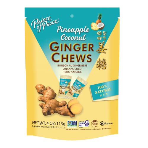 Prince of Peace Masticables de piña, coco y jengibre, jengibre confitado, bolsa de 4 onzas, paquete de dulces, caramelo natural, aperitivo