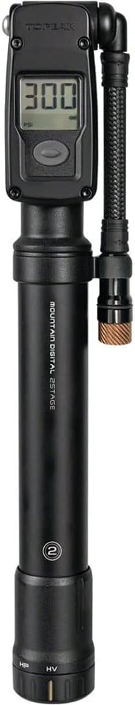 Mountain Digital 2Stage, neumático 2 en 1 y mini bomba de choque con medidor digital de 300 PSI20.7 bar, manguera trenzada, cabezal Pressure-Rite