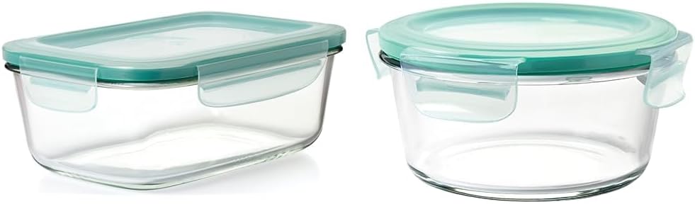 OXO Good Grips – Recipiente rectangular de vidrio con sello inteligente de 8 tazas y Good Grips 4 tazas de sellado inteligente a prueba de fugas,