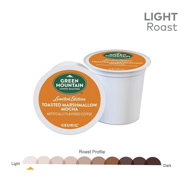 Paquete de tarjetas de malvavisco tostado Mocha K Cups (Green Mountain Coffee) y K Cup Pod Brewing Tips  KCups de tostado ligero con sabor de una