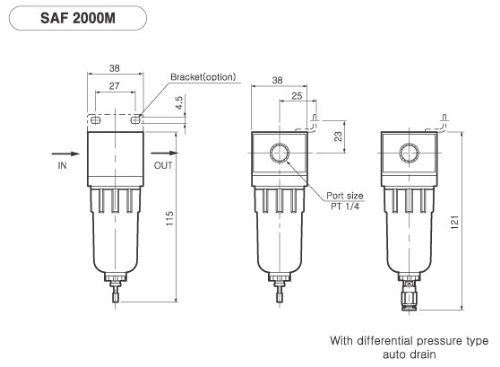 Filtro de partículas para aire comprimido PneumaticPlus SAF2000M-N02BD miniatura, 14″ NPT, cuenco de policarbonato, drenaje automático, soporte