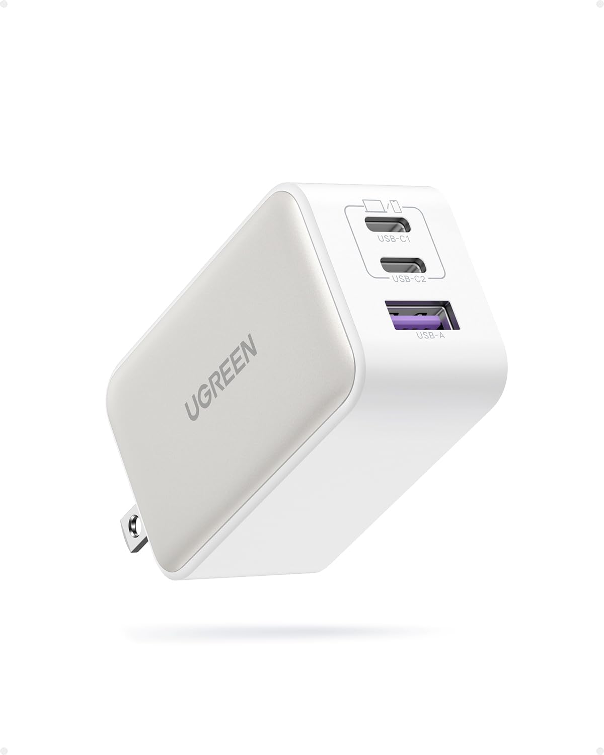UGREEN Cargador USB C de 65 W, Nexode 3 puertos GaN Bloque de cargador rápido, cargador plegable compacto para MacBook ProAir, Dell XPS, iPhone 15