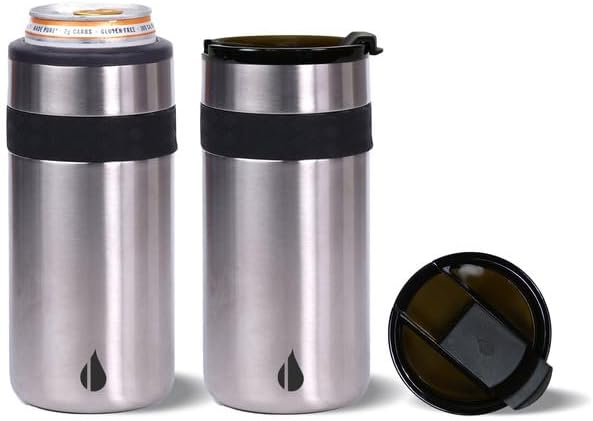 Elemental Duo-Sip – Vaso de café de viaje 2 en 1 con tapa 100% a prueba de fugas y aislante delgado para latas delgadas de 12 onzas, acero