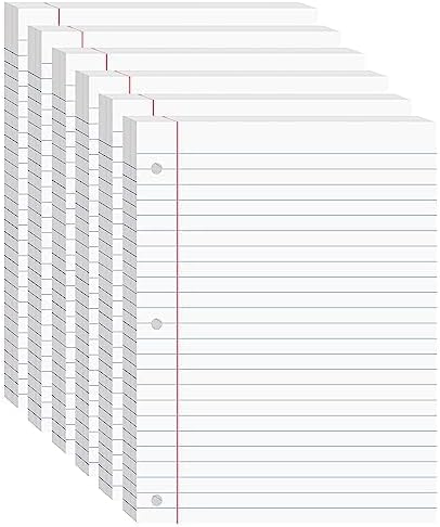 Papel para cuaderno, papel de hojas sueltas (paquete de 6), papel rayado universitario, 10.5 x 8 pulgadas, papel de relleno, 100 hojas por paquete,