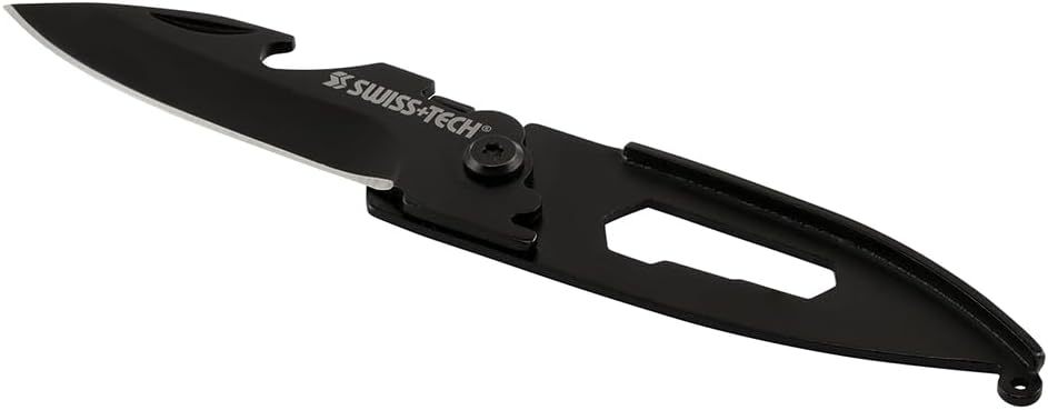 SWISS+TECH ST45019 Mini cuchillo plegable negro de acero inoxidable 7 en 1 (paquete individual)
