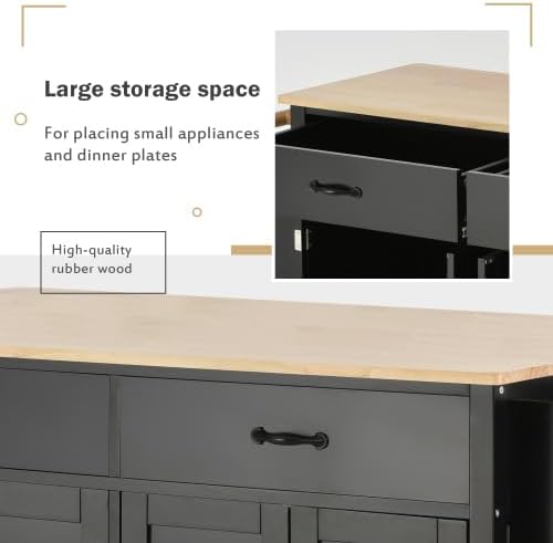 Elefesign – Carrito de isla de cocina con parte superior de madera maciza y ruedas de bloqueo, 54.3 pulgadas de ancho, armario de 4 puertas y dos