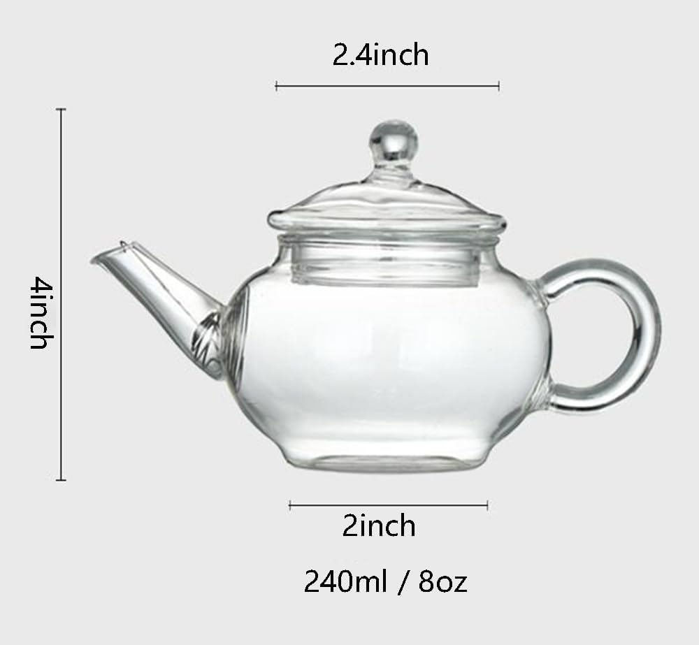 123Arts Tetera pequeña, tetera de vidrio con infusor, tetera para té suelto con tapa, 8 onzas