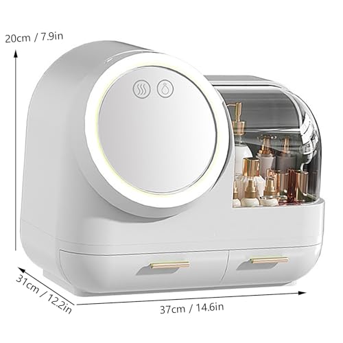 HURRISE Estuche de maquillaje con ventilador de espejo, organizador de maquillaje portátil con espejo y luz LED, vitrina de almacenamiento de