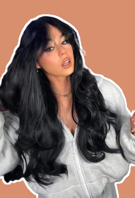 KIKO – Peluca larga y rizada negra con flequillo en capas, pelucas sin pegamento para mujer, pelucas sintéticas naturales para uso diario (pelucas