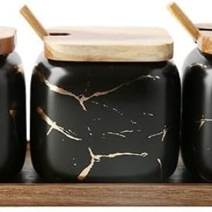 BLUVOS Recipiente de cerámica vintage para condimentos con tapa y cuchara de madera, tarro decorativo para especias, recipientes de almacenamiento BLUVOS Recipiente de cerámica vintage para condimentos con tapa y cuchara de madera, tarro decorativo para especias, recipientes de almacenamiento