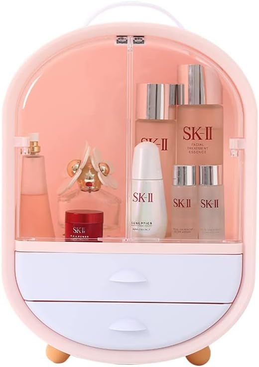 Organizador de maquillaje rosa con almacenamiento de 2 capas, organizadores portátiles para el cuidado de la piel, vitrina de cosméticos a prueba de