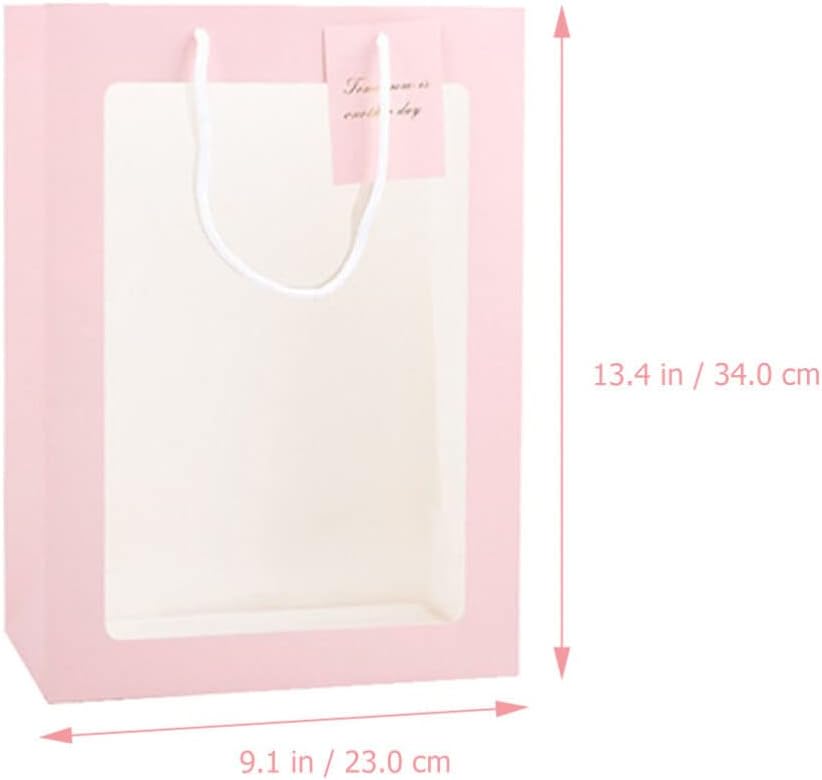 iplusmile 10 bolsas de regalo rosas con ventana, bolsas de regalo de ramo de flores con asas de 13.4 x 9.1 x 3.9 pulgadas, bolsa de compras de papel