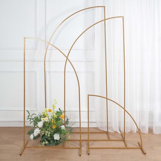 TABLECLOTHSFACTORY – Juego de 4 soportes de metal dorado para telón de fondo de arco de boda, marco floral de media luna, 2.5 pies, 5 pies, 6.5 pies