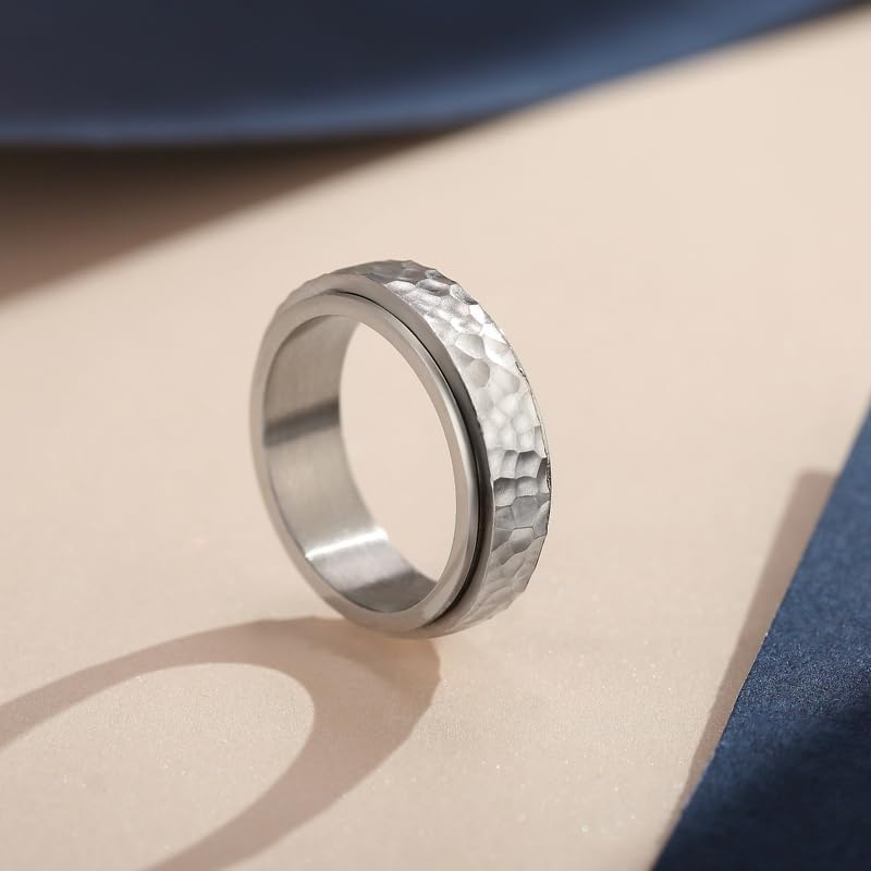 Fidget Rings for Anxiety for Women Girls Stainless Steel SilverGoldBlack Anxiety Relieving Spinner Ring Hammered Finish