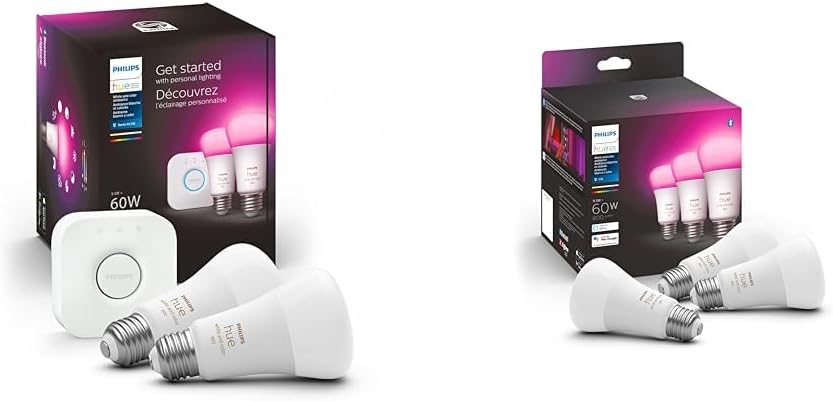 Philips Hue Kit de iniciación de luz inteligente White and Color Ambiance, incluye (2) bombillas inteligentes A19 de 60 W con puente Hue y bombilla