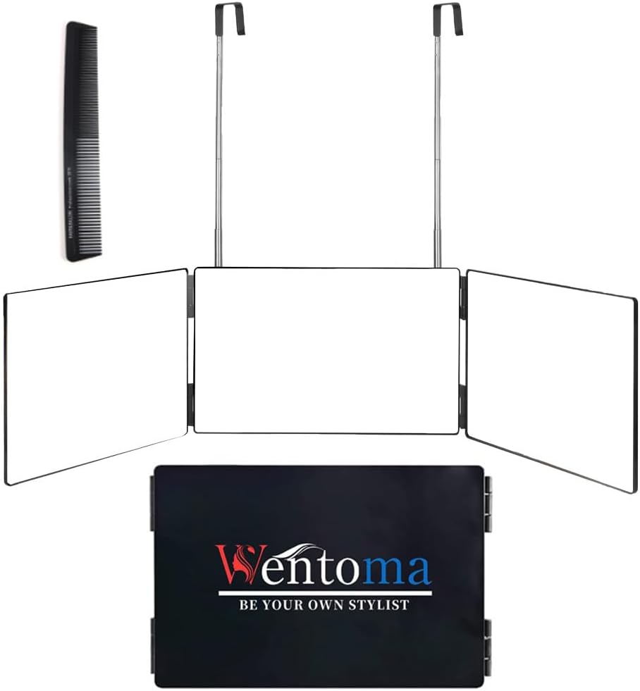 Wentoma Espejo de 3 vías para cortar el cabello, con espejo ajustable 360 y ganchos telescópicos, herramienta profesional de corte de pelo para