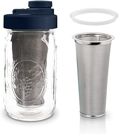 Brewing America Cafetera Mason Jar Cold Brew – Tarro Mason de boca ancha con tapa de rosca para vertido, filtro de acero inoxidable para un