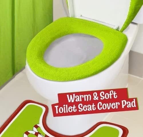 Juego de 4 fundas de asiento de inodoro y alfombra de monstruo verde navideño para interior del hogar, tapetes de baño, alfombra de inodoro en forma