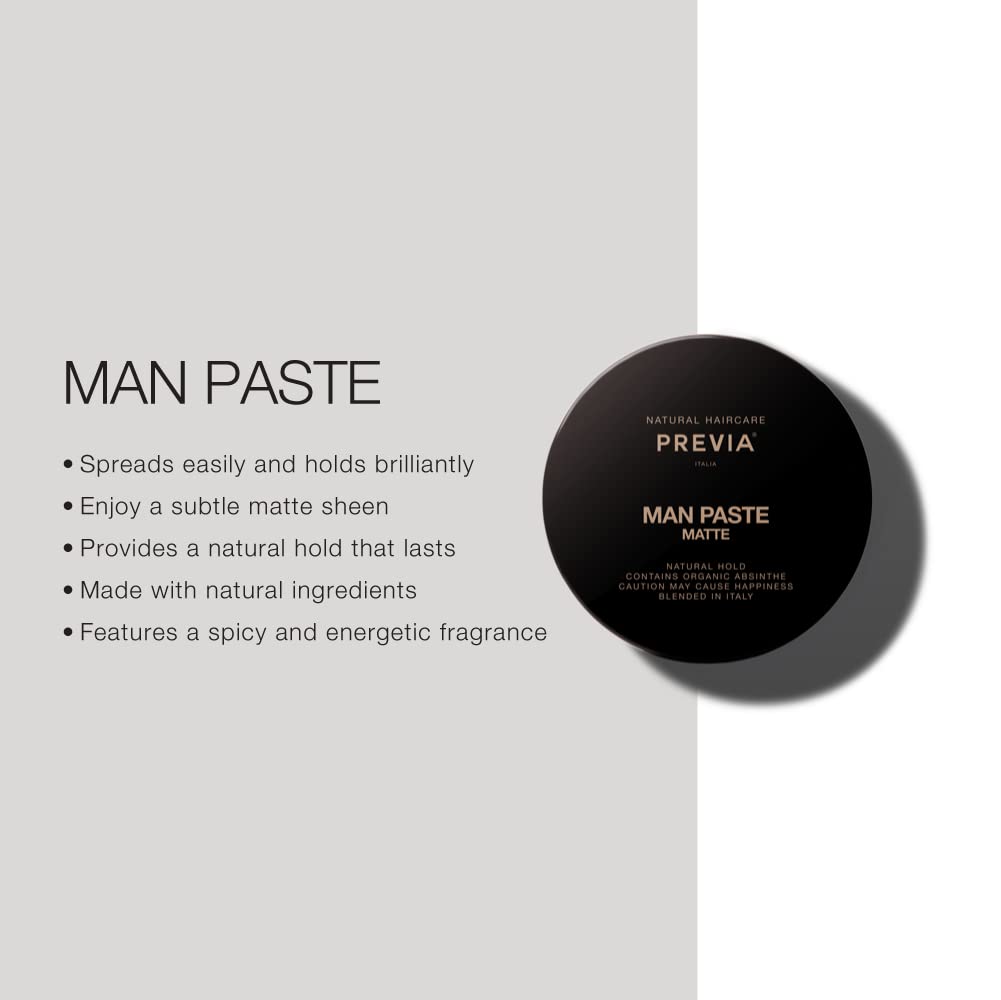 PREVIA Pasta para hombre – Pasta mate para peinar el cabello – Pasta para moldear el cabello con sujeción natural (3.38 onzas)