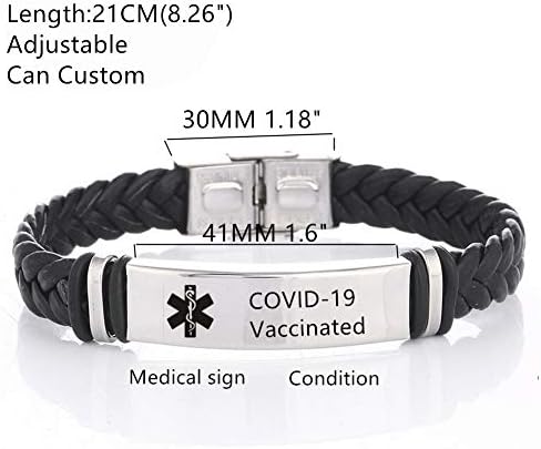 N+A Pulseras de piel de alerta médica vacunada contra la COVID-19, para hombres y mujeres, de acero inoxidable, con etiqueta de identificación de