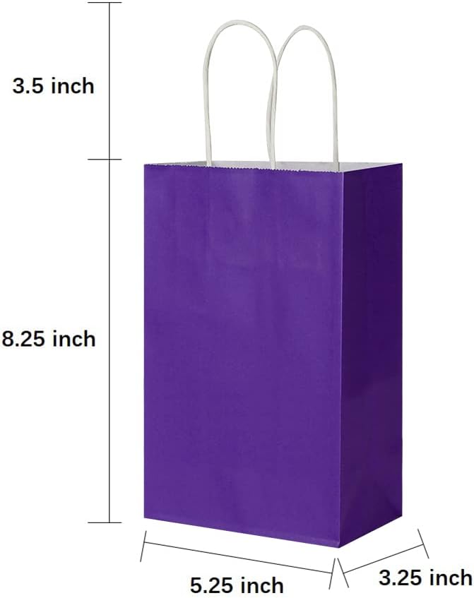 Cada paquete de 100 bolsas pequeñas de papel kraft naranja y morado con asas a granel
