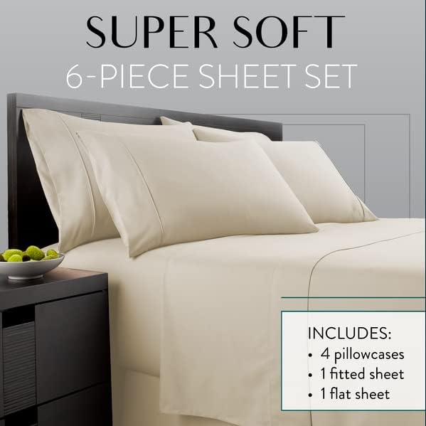 Danjor Linens Juego de sábanas tamaño California King, juego de 6 piezas que incluye 4 fundas de almohada, bolsillos profundos, transpirables,