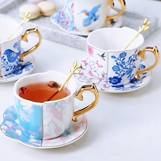 Pfedxoon Taza de té de porcelana de hueso con cuchara, juego de 3 piezas (7 onzas), tazas de capuchino, tazas de café, juego de tazas de té, tazas