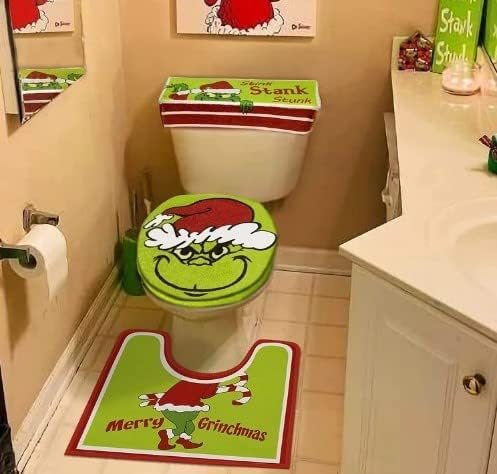 Juego de 4 fundas de asiento de inodoro y alfombra de monstruo verde navideño para interior del hogar, tapetes de baño, alfombra de inodoro en forma