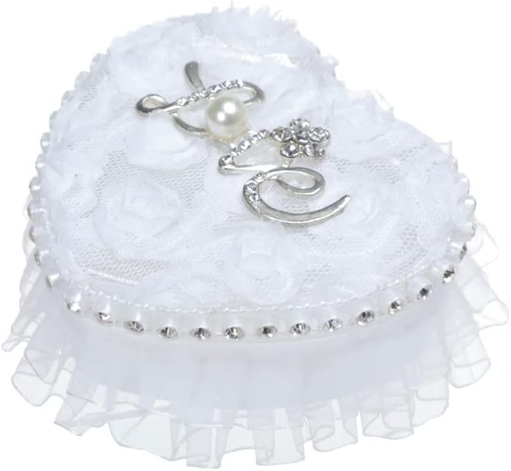 yuanxue Caja de soporte para anillo de boda en forma de corazón, almohada romántica para portador de anillo de encaje blanco, cojín romántico de