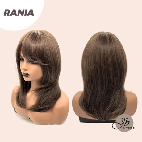 RANIA – Peluca rizada marrón con flequillo, pelucas sin pegamento para mujer, pelucas sintéticas naturales para uso diario (pelucas de cabello