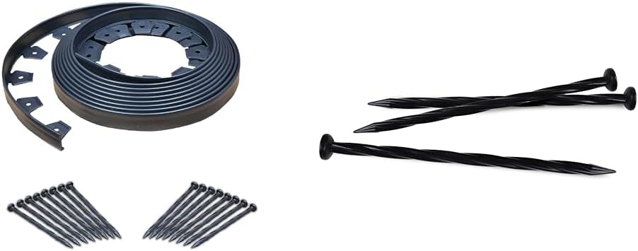 EasyFlex Borde de paisaje sin excavación con picos de anclaje, borde de jardín de plástico recto alto de 1.5 pulgadas, kit de 40 pies, negro y picos