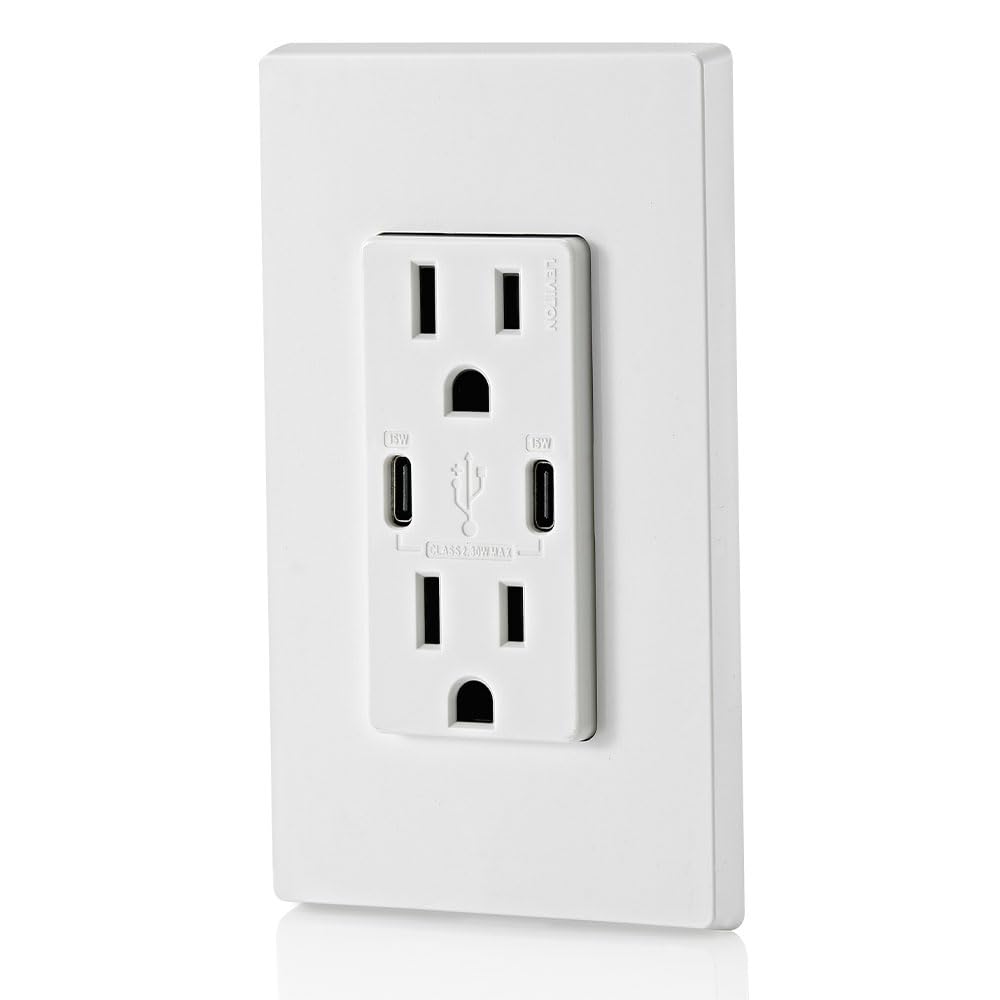 Leviton T5637-W 30W (6A) USB Dual Tipo-CC Cargador de pared con salida resistente a manipulaciones de 15A, cargador USB para teléfonos inteligentes