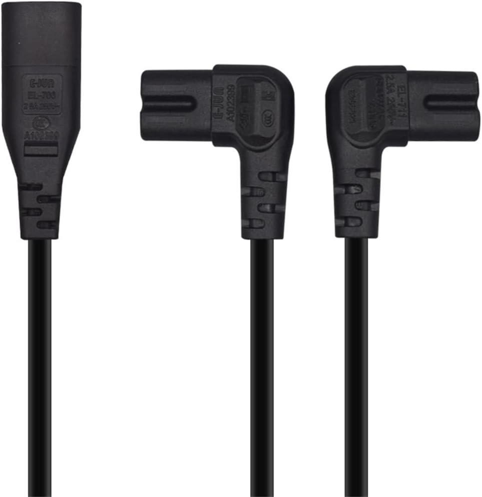 Cable de alimentación IEC 320 C8 a C7 dual figura 8 macho a doble ángulo recto hembra adaptador 1 en 2 salidas CA, cable de alimentación IEC 320 C8