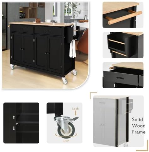 Elefesign – Carrito de isla de cocina con parte superior de madera maciza y ruedas de bloqueo, 54.3 pulgadas de ancho, armario de 4 puertas y dos