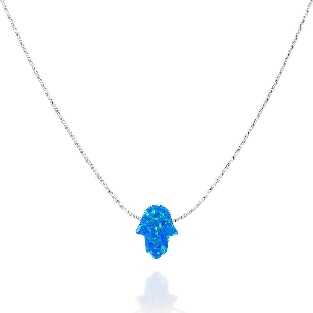Blue Opal Hamsa on a Sterling Silver Choker Necklace- Handmade Protection Hand Charm Collar – 13.5 + 3 inch extending (royal blue, sterling-silver)