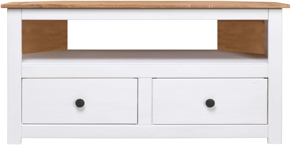 vidaXL Soporte esquinero para TV de madera de pino macizo, estilo escandinavo, color blanco y madera natural, con 2 cajones y compartimento abierto,
