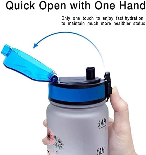 64HYDRO Botella de agua motivacional de 32 onzas con marcador de tiempo y colador extraíble, tapa abatible, a prueba de fugas, duradera, sin BPA, no