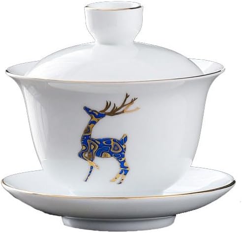 Porcelana Gaiwan – Taza de té de 8 onzas, sopera esmaltada blanca china Sancai cubierta tazón taza de labios platillo (ciervo azul)